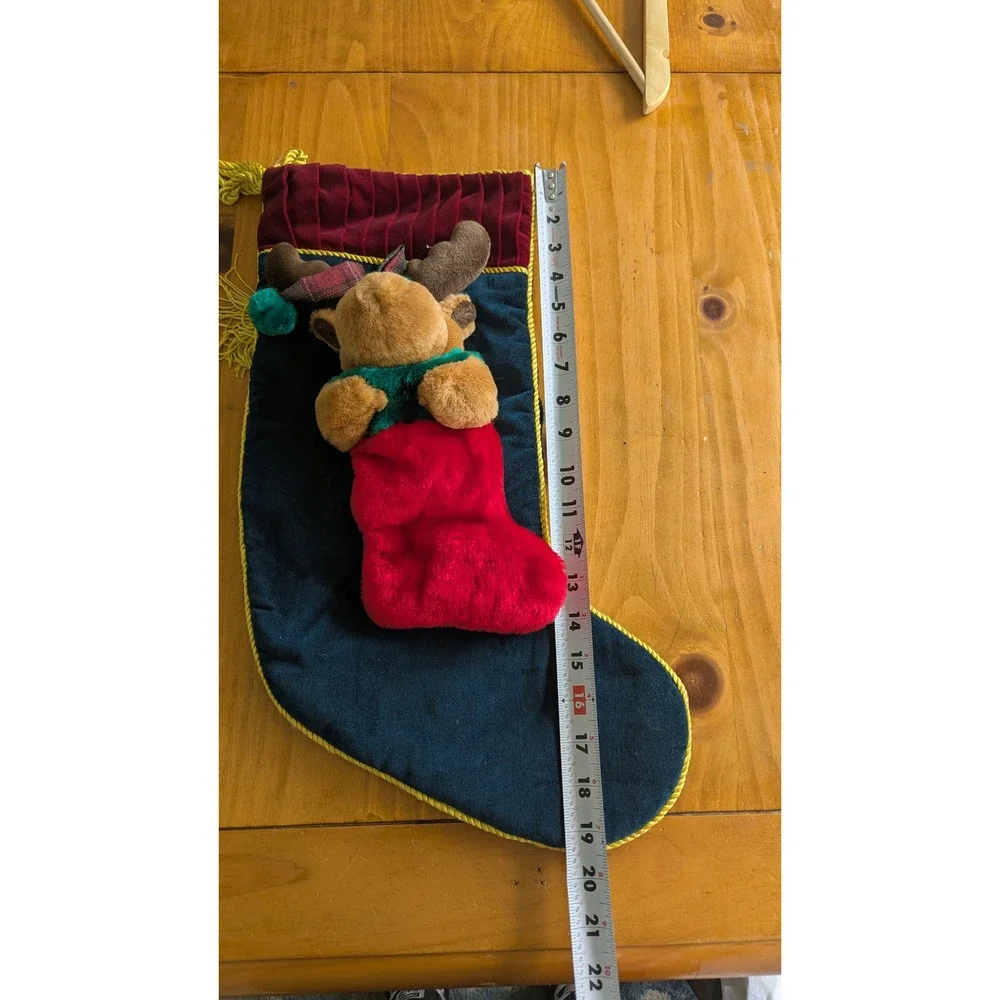 Navy Velvet Christmas Stocking with 3D Plush Moose Gold Tassels Burgundy Cuff